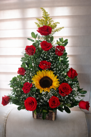 Arreglo 12 rosas y girasol R150