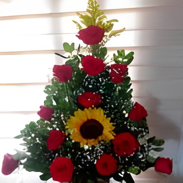 Arreglo 12 rosas y girasol R150